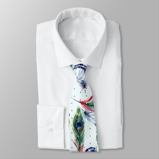 Colourful Boho Feathers & Polka-Dots Pattern Tie (Tied)