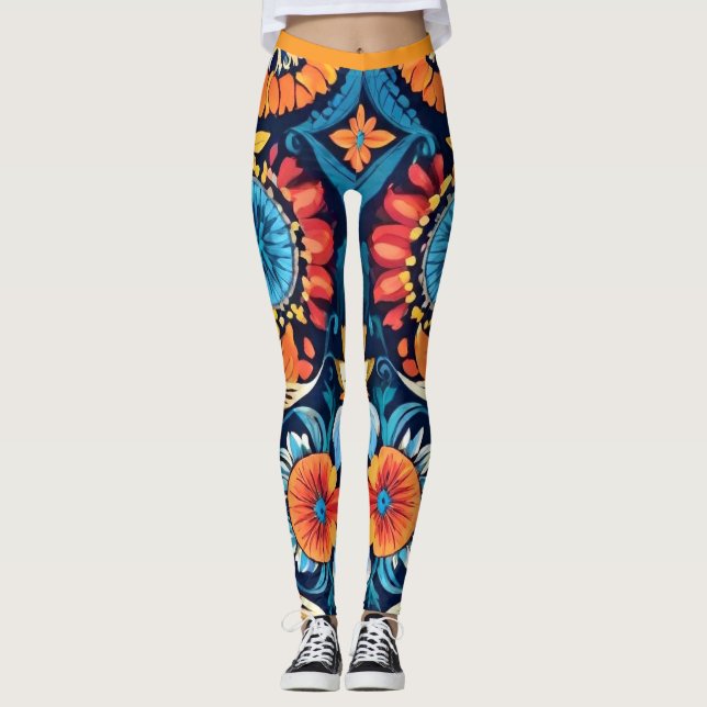 Colourful Boho Floral Elegance: Vibrant Mandala Leggings (Front)