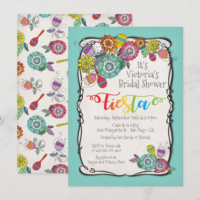 Colourful Boho Floral Mexican Fiesta Bridal Shower Invitation (Front/Back)