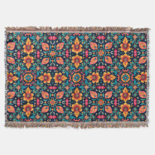 Colourful Boho Floral Pattern Elegant Symmetry Throw Blanket