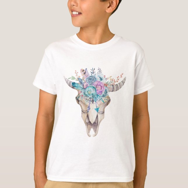 Colourful Boho Floral Skull T-Shirt (Front)