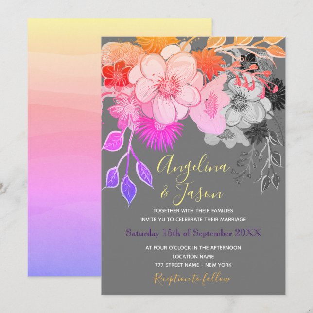 Colourful Boho Floral Wedding Invitation (Front/Back)