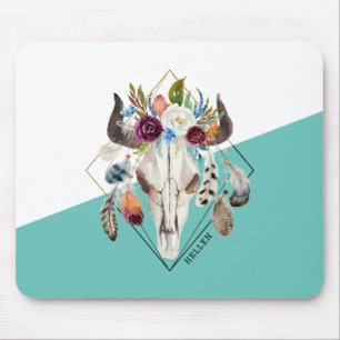 Colourful boho flowers geometric bull skull mouse mat
