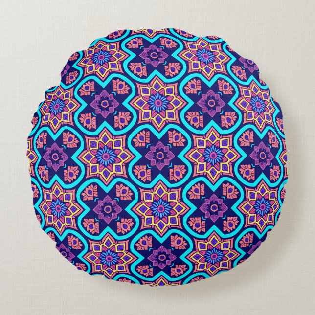 Colourful Boho Geometric Floral Pattern Round Cushion (Front)