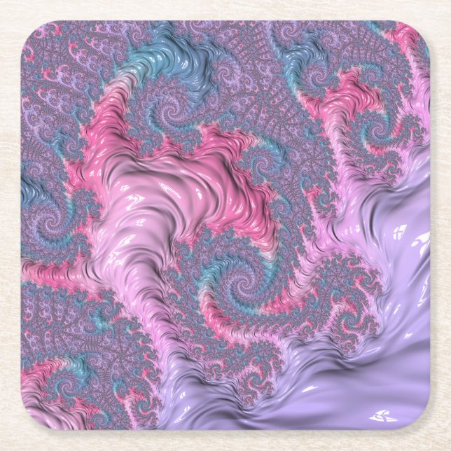 Colourful Boho Hippie Groovy Trippy Pastel Fractal Square Paper Coaster (Front)