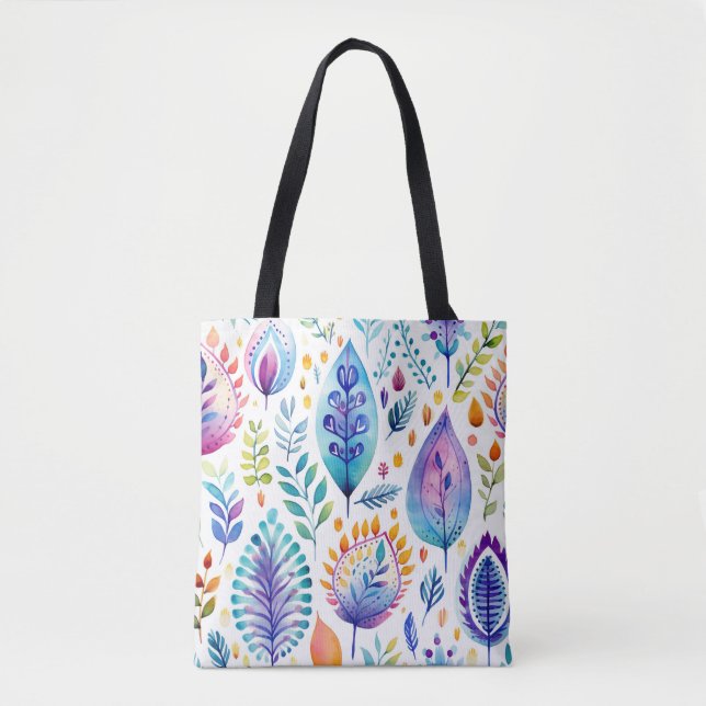 Colourful Boho Leaves & Feathers Tote Bag (Front)