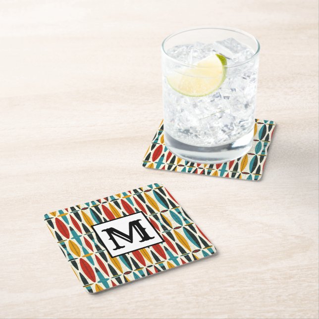 Colourful Boho Monogram Square Paper Coaster (Insitu)