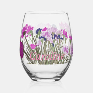 Colourful Boho Pretty Spring Flowers +Custom Name Stemless Wine Glass