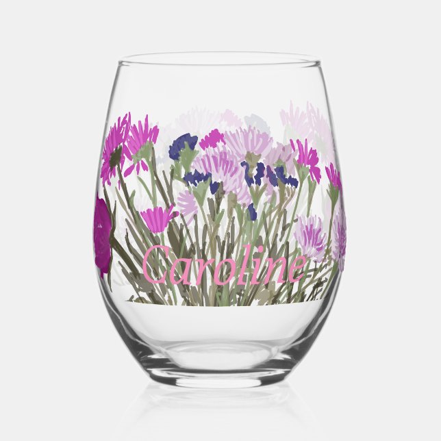 Colourful Boho Pretty Spring Flowers +Custom Name Stemless Wine Glass (Front)