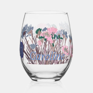 Colourful Boho Pretty Spring Flowers +Custom Name Stemless Wine Glass