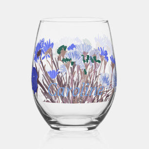 Colourful Boho Pretty Spring Flowers +Custom Name Stemless Wine Glass