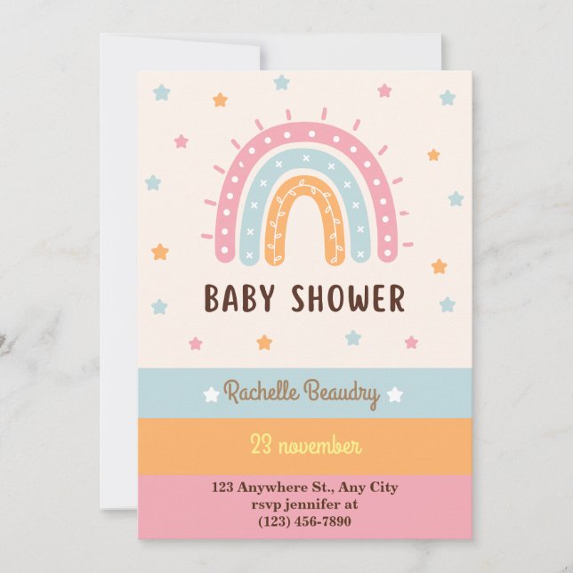 Colourful boho rainbow birthday invitation (Front)