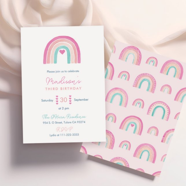 Colourful Boho Rainbow Hearts Girl Birthday Party Invitation (Boho Rainbows in Magenta and teal combine with hearts for this trendy girl birthday party invitation)