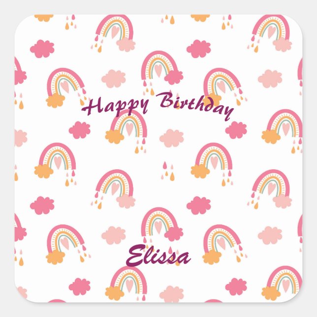 Colourful Boho Rainbow Pattern Birthday Name Square Sticker (Front)
