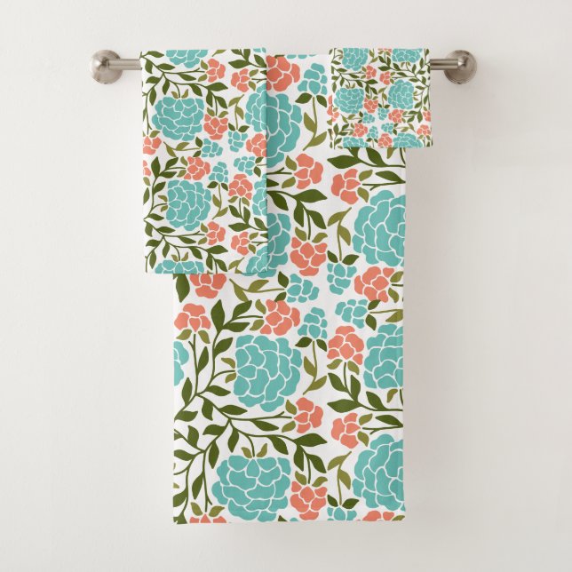 Colourful Boho Spring Summer Floral Retro Turquois Bath Towel Set (Insitu)
