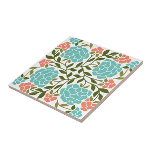 Colourful Boho Spring Summer Floral Retro Turquois Tile