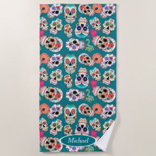 Colourful Boho Sugar Skulls Personalised Beach Towel