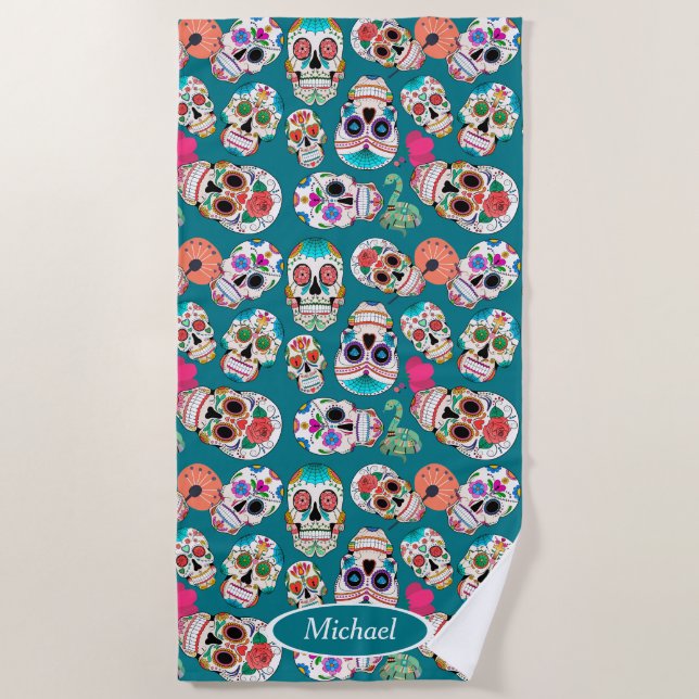 Colourful Boho Sugar Skulls Personalised Beach Towel (Front)