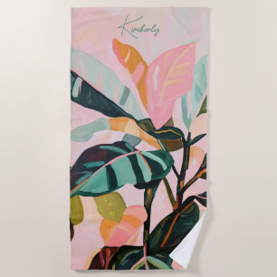 Colourful Boho Tropical Foliage Palm Custom Name Beach Towel