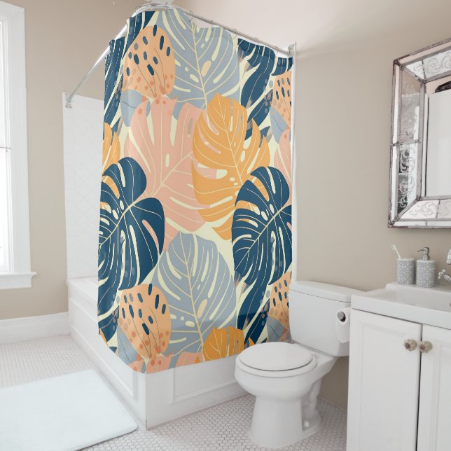 Colourful Boho Tropical Leaves Pattern Shower Curtain (In Situ)