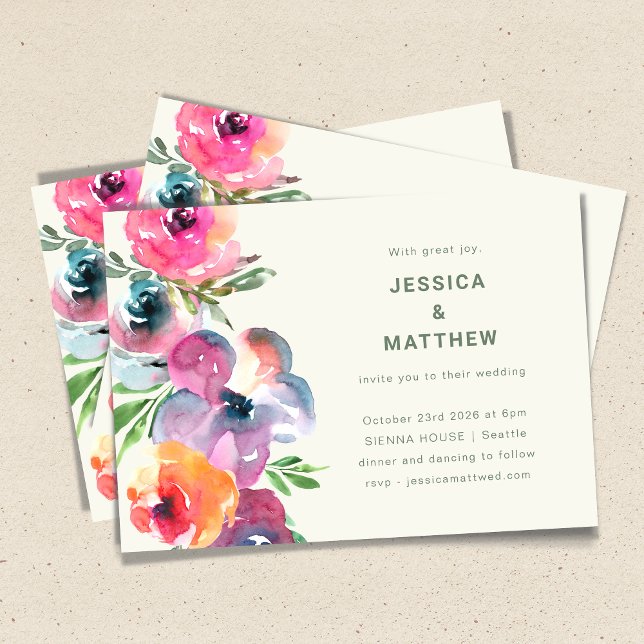 Colourful Boho Watercolor Flowers Simple Wedding Invitation (Creator Uploaded)