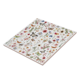 Colourful Boho Wildflower Garden Butterfly Pattern Tile