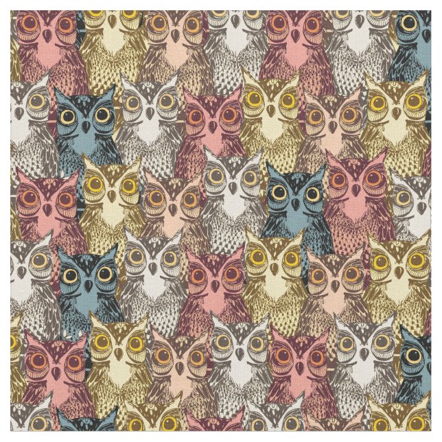 Colourful Boho Woodland Owl Pattern Fabric (Close Up)
