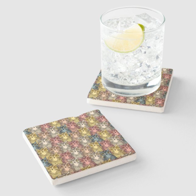 Colourful Boho Woodland Owl Pattern Stone Coaster (Side)