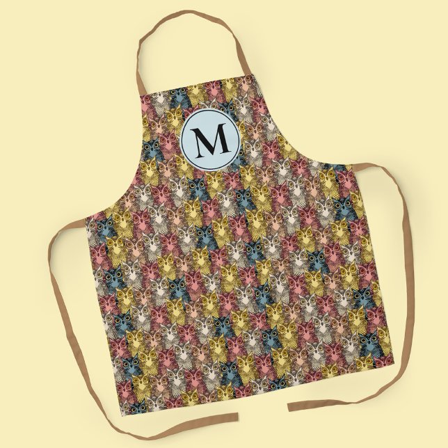 Colourful Boho Woodland Owl Pattern with monogram Apron (Colourful Owls Illustration Pattern with Monogram Apron)