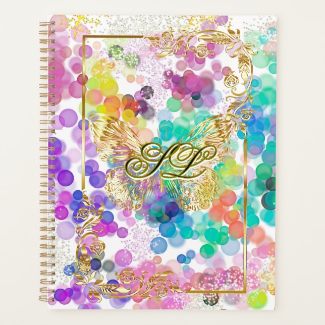 Colourful Bokeh Abstract Gold Frame&Butterfly  Planner (Front)