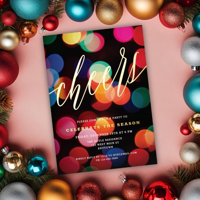 Colourful Bokeh Gold Cheers Script Holiday Party (Creator Uploaded)