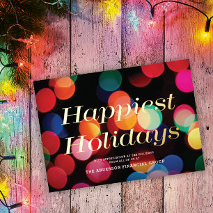 Colourful Bokeh Happiest Holidays Gold Christmas Foil Holiday Card