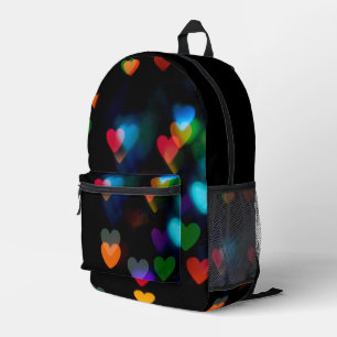 Colourful Bokeh Heart Lights On Black Printed Backpack