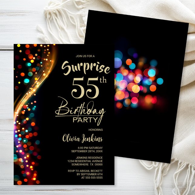 Colourful Bokeh Surprise 55th Birthday Party Invitation (Creator Uploaded)