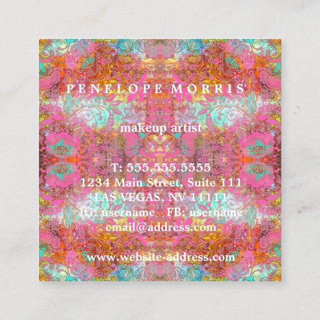 Colourful Bold Abstract Makeup Artist Square Business Card (Back)