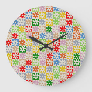 Colourful Bold Aesthetic Chequered Flower Pattern Large Clock