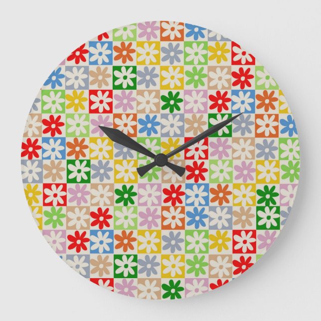 Colourful Bold Aesthetic Chequered Flower Pattern Large Clock (Front)