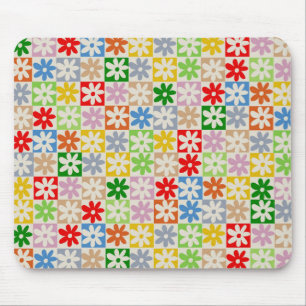 Colourful Bold Aesthetic Chequered Flower Pattern Mouse Mat