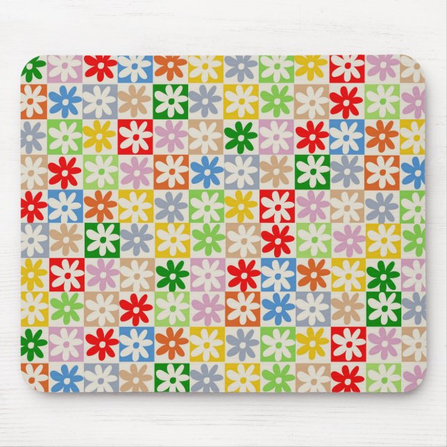 Colourful Bold Aesthetic Chequered Flower Pattern Mouse Mat (Front)