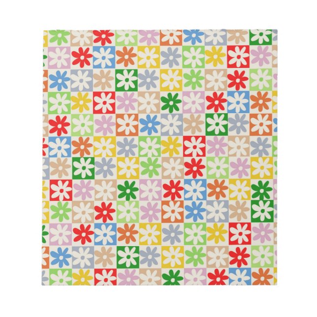 Colourful Bold Aesthetic Chequered Flower Pattern Notepad (Front)