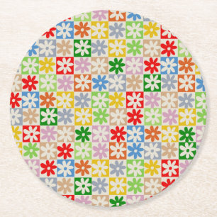 Colourful Bold Aesthetic Chequered Flower Pattern Round Paper Coaster