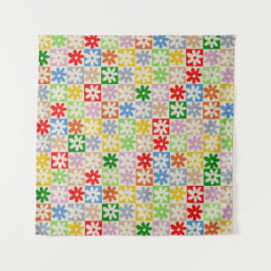 Colourful Bold Aesthetic Chequered Flower Pattern Tapestry