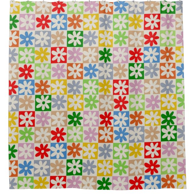 Colourful Bold Chequered Flower Y2K Pattern Shower Curtain (Front)