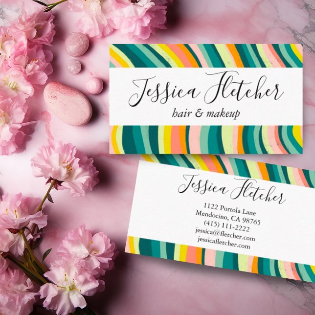 Colourful Bold Curves Stripes Minimalist Elegant Business Card (Colorful stripes and custom script for these unique business cards. Add your own text )