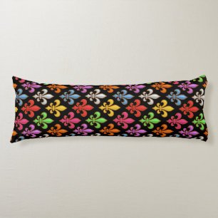 Colourful Bold Fleur-de-lis Flowers Black Body Cushion