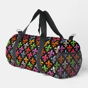 Colourful Bold Fleur-de-lis Flowers Black Duffle Bag