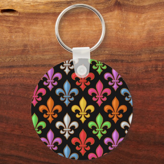 Colourful Bold Fleur-de-lis Flowers Black  Key Ring (Back)