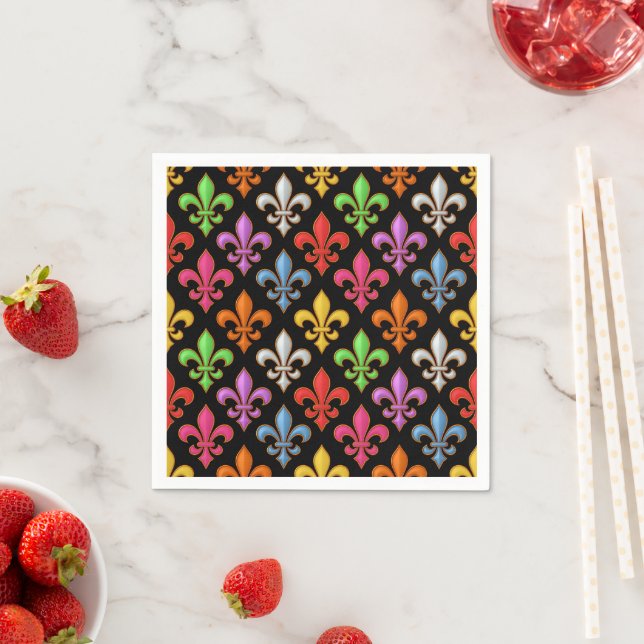 Colourful Bold Fleur-de-lis Flowers Black  Napkin (Insitu)