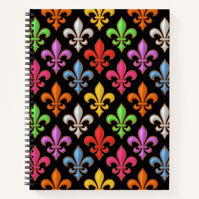 Colourful Bold Fleur-de-lis Flowers Black  Notebook (Front)