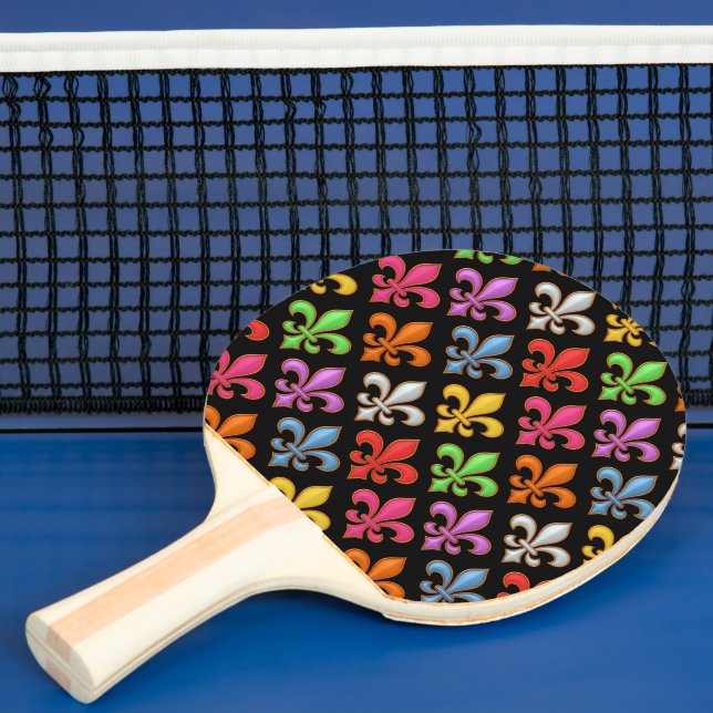 Colourful Bold Fleur-de-lis Flowers Black  Ping Pong Paddle (Insitu)